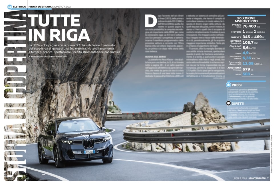 La prova della nuova BMW iX3 è su Quattroruote di aprile 2026 