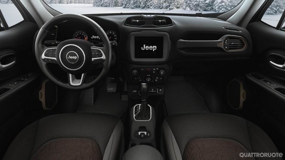 2023 Jeep® Renegade Upland interior features a 7-inch thin-film transistor cluster display, premium topographic black cloth bucket seats with bronze inserts, ambient lighting, Techno-leather steering wheel, plus Uconnect 4 with a standard 8.4-inch touchscreen display and GPS navigation – the largest standard navigation system in its class. 2023 Jeep® Renegade Upland interior features a 7-inch thin-film transistor cluster display, premium topographic black cloth bucket seats with bronze inserts, ambient lighting, Techno-leather steering wheel, plus Uconnect 4 with a standard 8.4-inch touchscreen display and GPS navigation – the largest standard navigation system in its class.