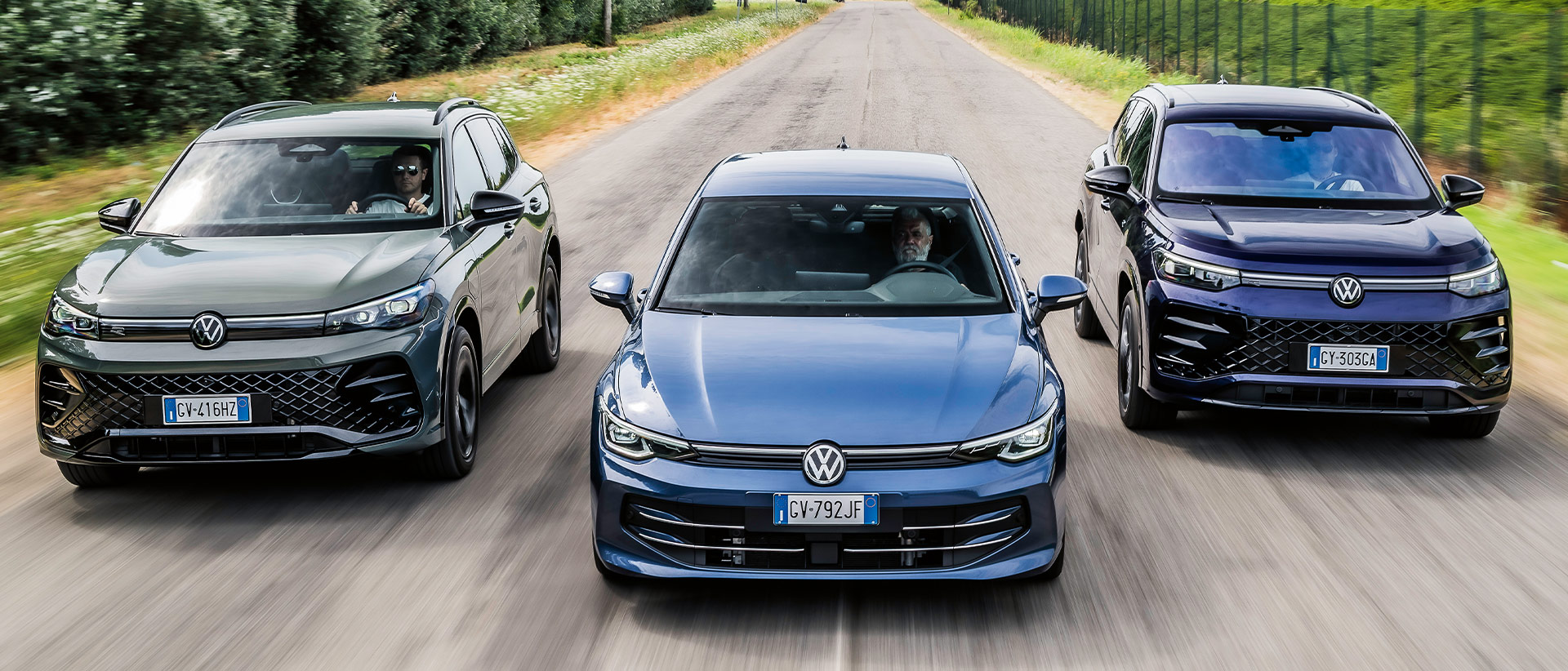 Le protagoniste della prova: Volkswagen Golf, Tiguan e Tayron